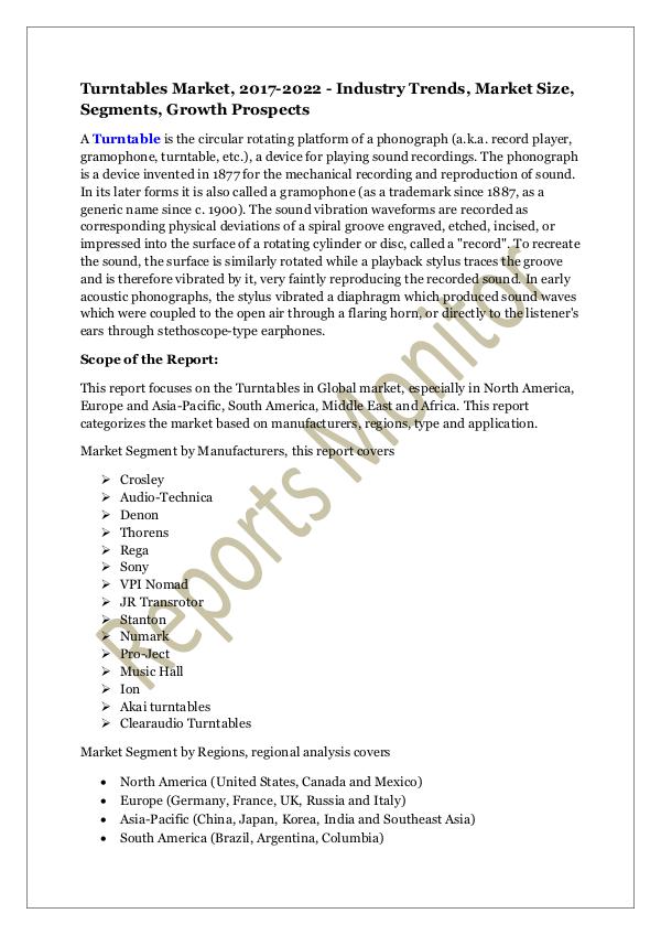 Machinery and Equipments Turntables Market, 2017-2022 - Industry Trends, Ma