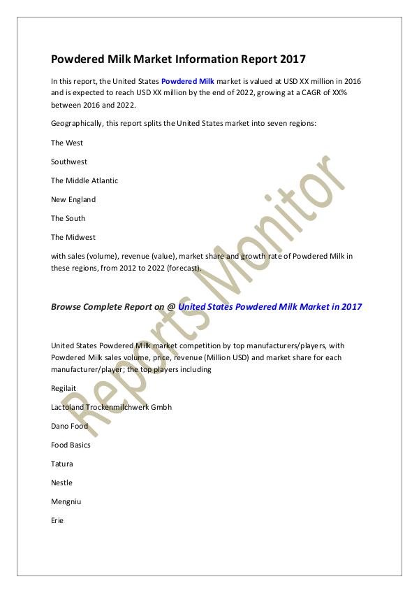 Machinery and Equipments Powdered Milk Market Information Report 2017