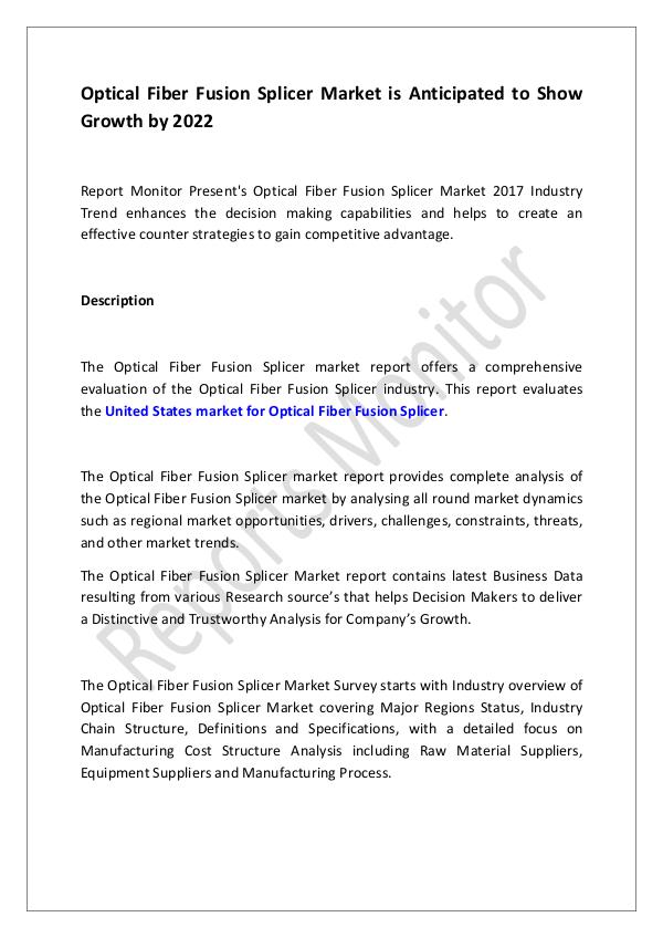 Machinery and Equipments Optical Fiber Fusion Splicer Market is Anticipated