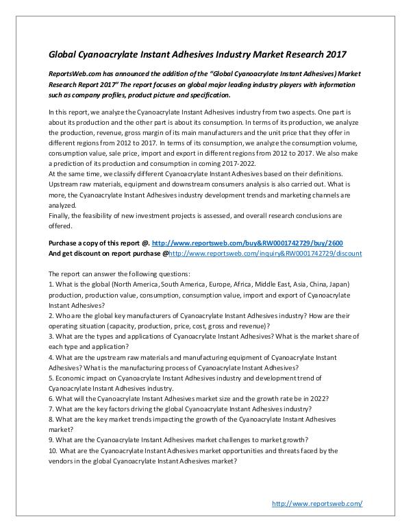 Market Studies Global Cyanoacrylate Instant Adhesives Industry Ma