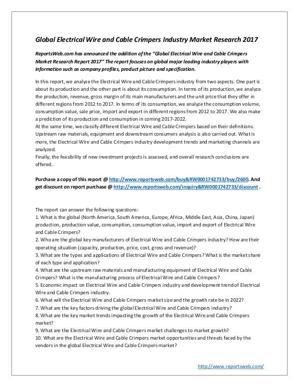 Market Studies Global Electrical Wire and Cable Crimpers Industry