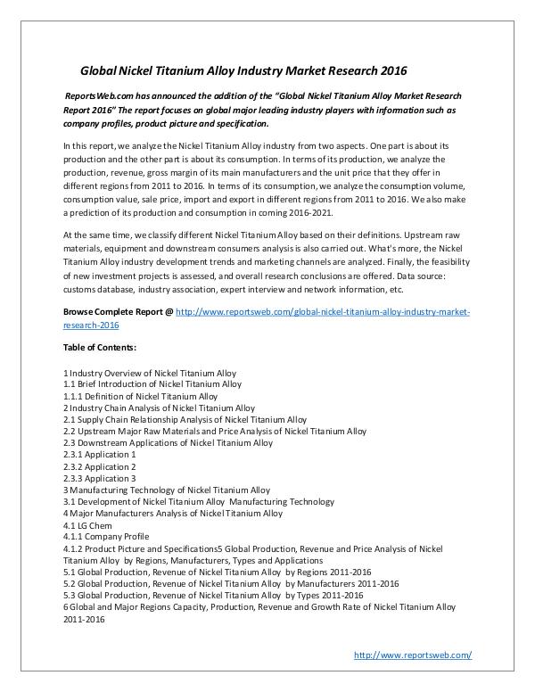 Market Studies Global Nickel Titanium Alloy Industry Market Resea