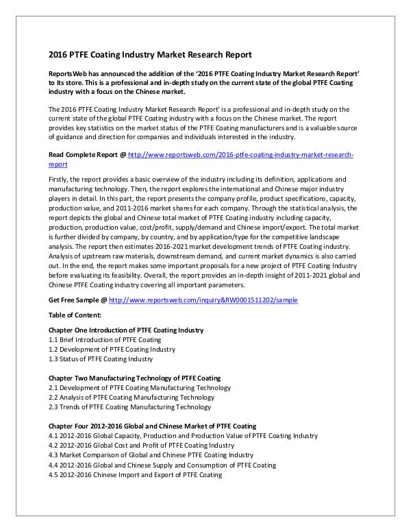 Market Studies 2016 PTFE Coating Industry Market Research Report