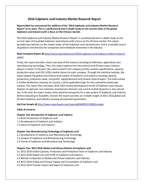 Market Studies 52016 Sulphonic acid Industry Market Research Repo