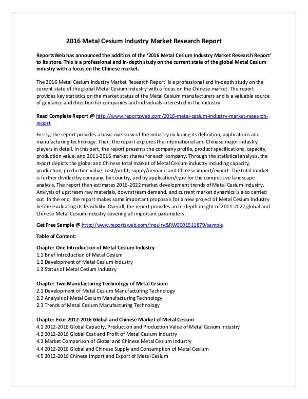 Market Studies 2016 Metal Cesium Industry Market Research Report