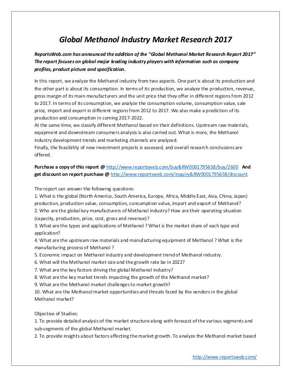 Market Studies Global Methanol Industry Market Research 2017