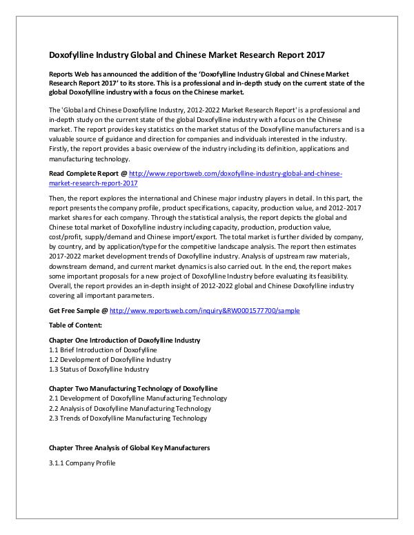 Market Studies Doxofylline Industry Global and Chinese Market Res