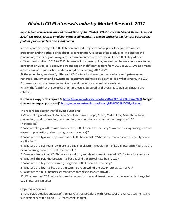 Market Studies 3Global LCD Photoresists Industry Market Research