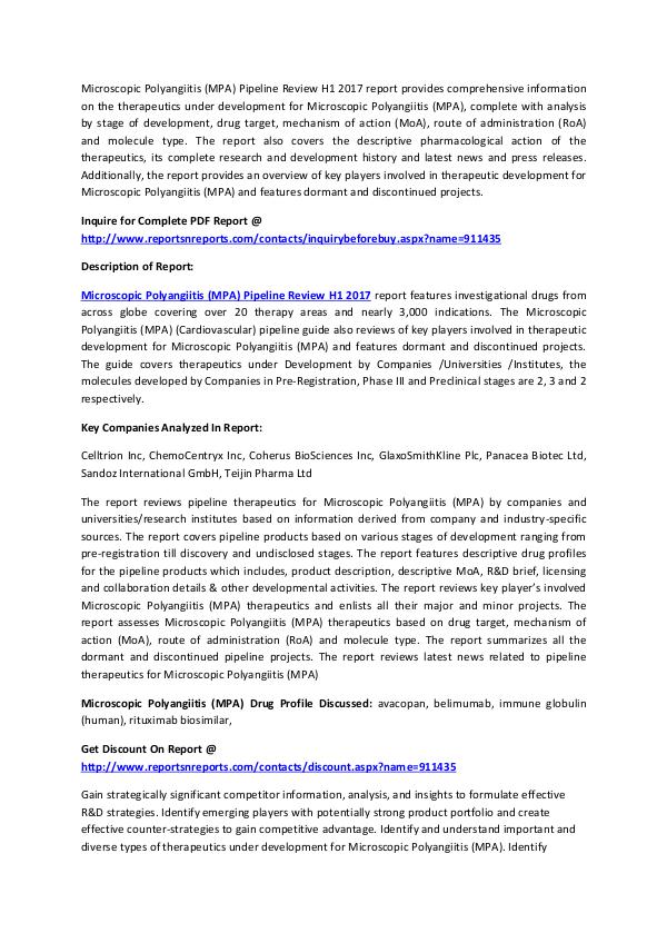 Microscopic Polyangiitis (MPA) Pipeline Research H1 2017 Microscopic Polyangiitis (MPA) Pipeline Review H1