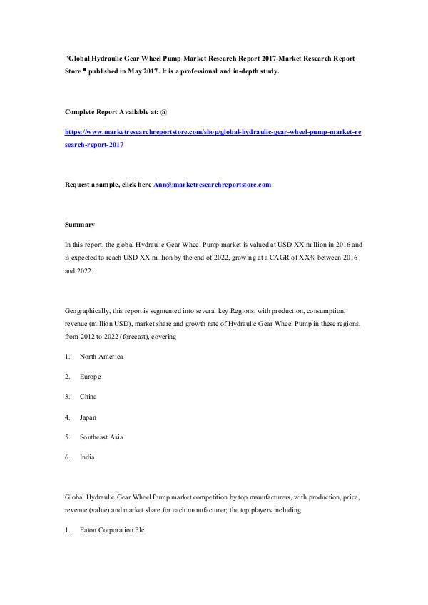 Global Hydraulic Gear Wheel Pump Market Research