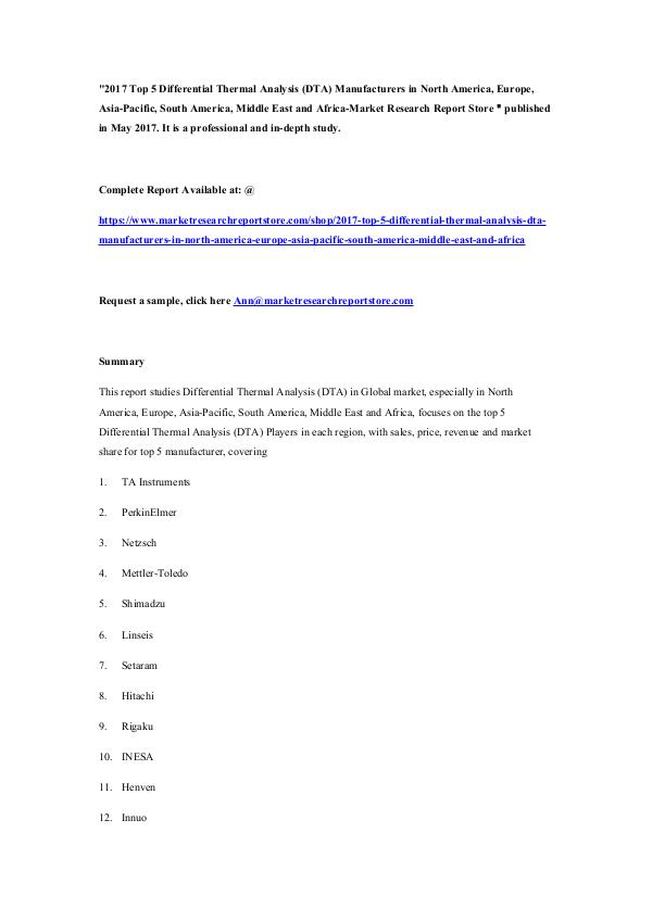 Market Research Report Store 2017 Top 5 Differential Thermal Analysis