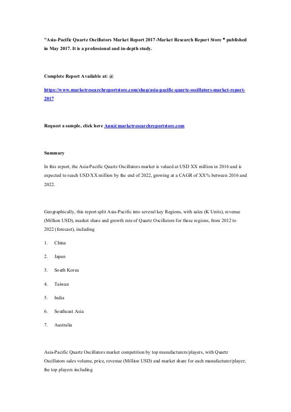 Market Research Report Store  Asia-Pacific Quartz Oscillators Market Report 2017