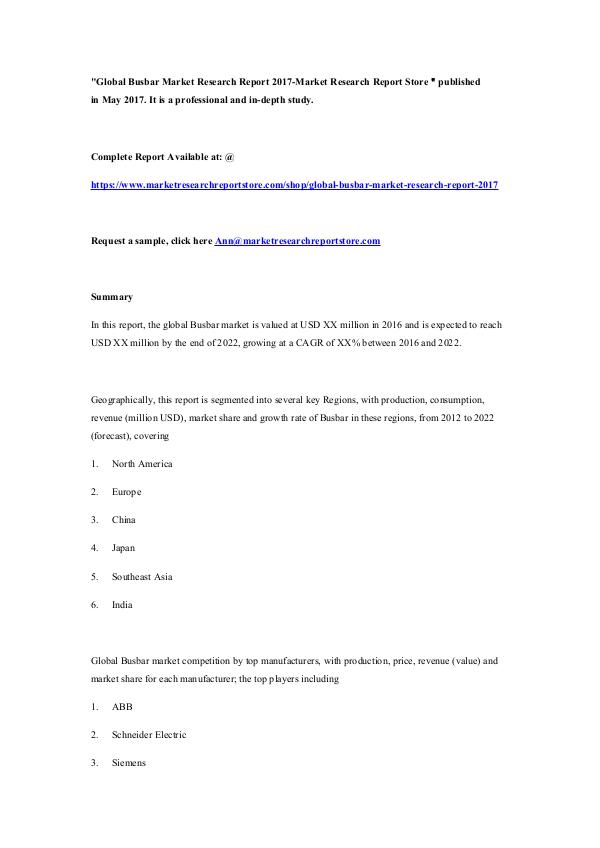 Market Research Report Store  Global Busbar Market Research Report 2017-Market R