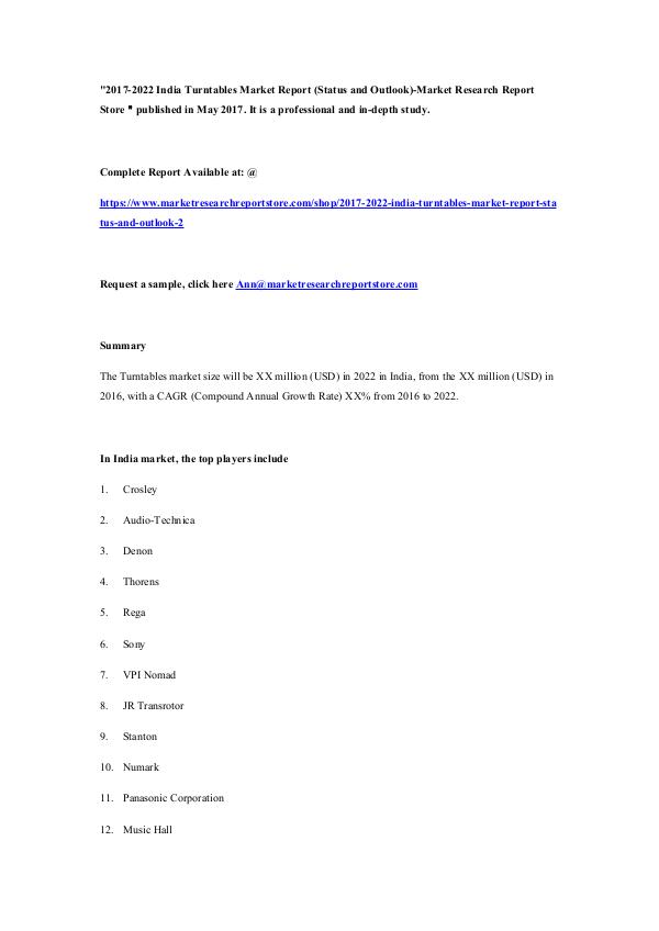 2017-2022 India Turntables Market Report (Status a