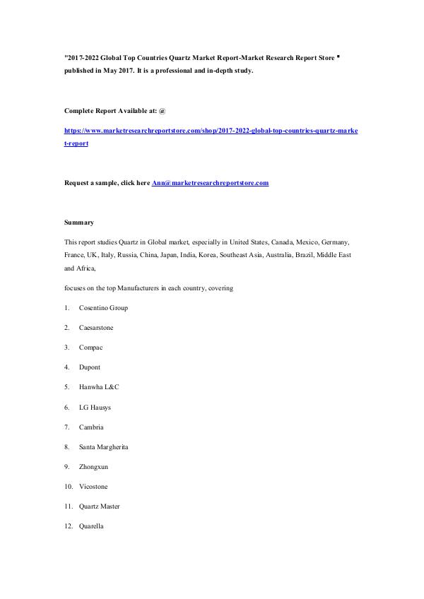 2017-2022 Global Top Countries Quartz Market Repor