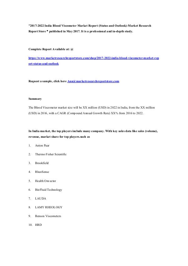 Market Research Report Store  2017-2022 India Blood Viscometer Market Report (St