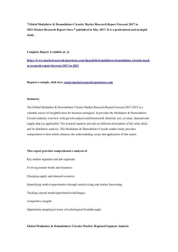 Market Research Report Store  Global Modulator & Demodulator Circuits Market Res