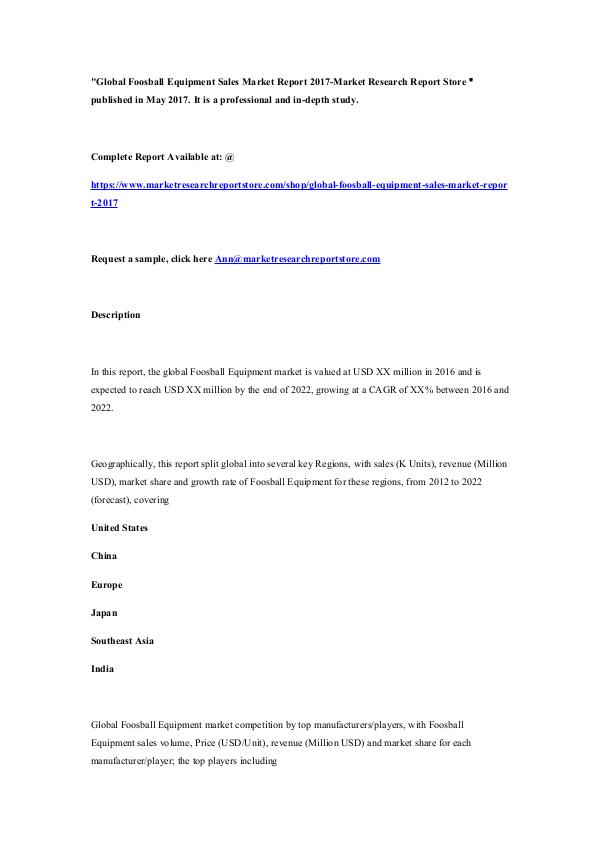 Market Research Report Store  Global Foosball Equipment Sales Market Report 2017