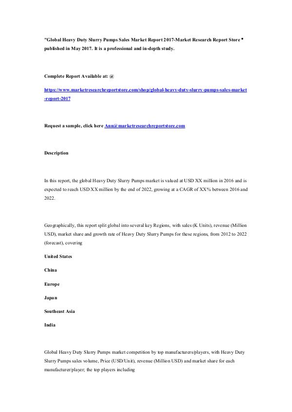 Global Heavy Duty Slurry Pumps Sales Market Report