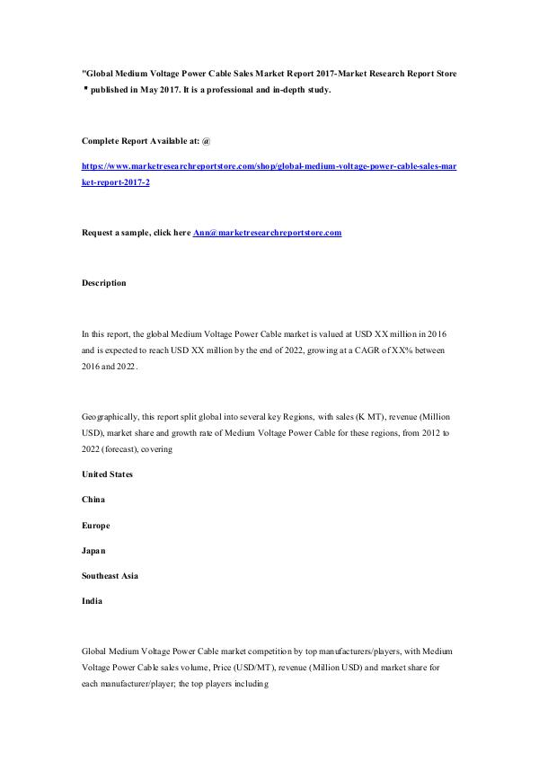 Global Medium Voltage Power Cable Sales Market Rep