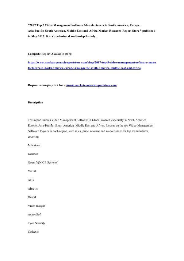 Market Research Report Store  2017 Top 5 Video Management Software Manufacturers