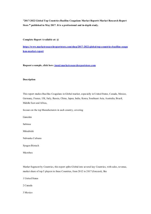 2017-2022 Global Top Countries Bacillus Coagulans 