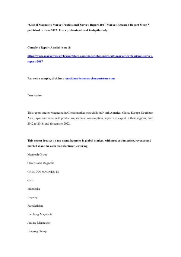 Global Magnesite Market Professional Survey Report