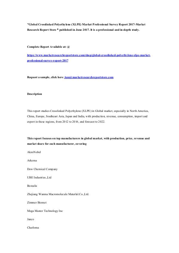 Global Crosslinked Polyethylene (XLPE) Market Prof