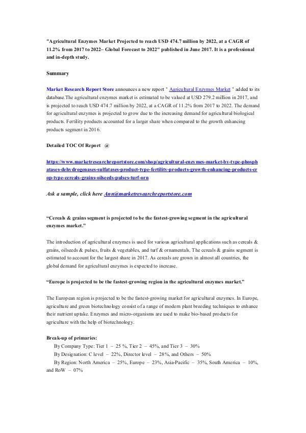 Market Research Report Store  Agricultural Enzymes Market Projected to reach USD