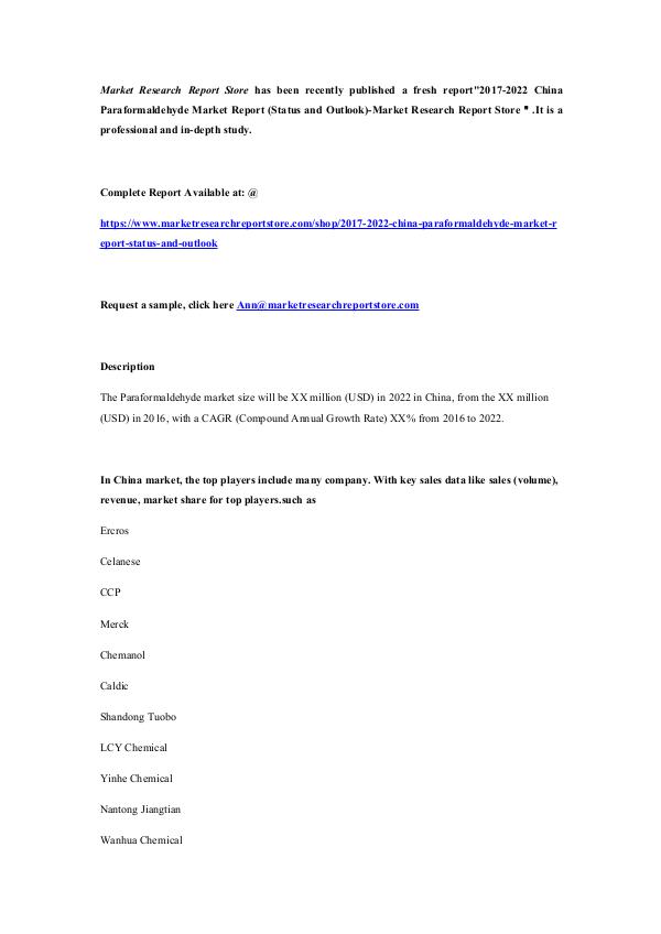 2017-2022 China Paraformaldehyde Market Report (St