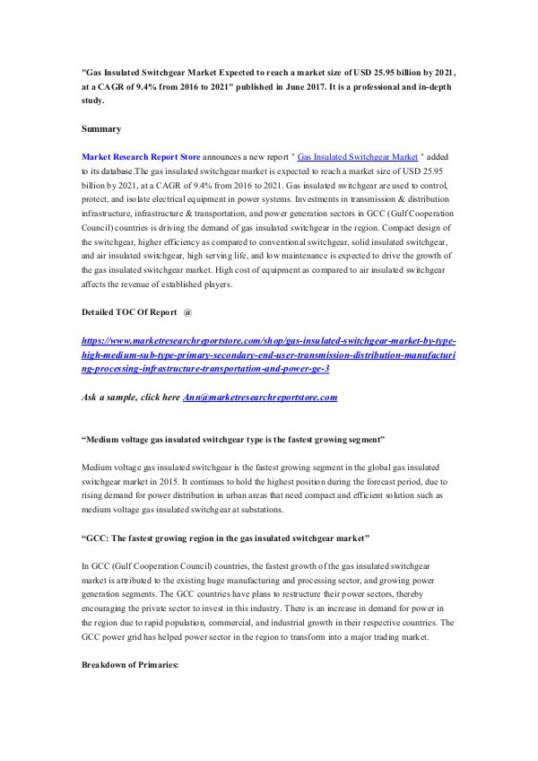 Market Research Report Store  Gas Insulated Switchgear Market Expected to reach