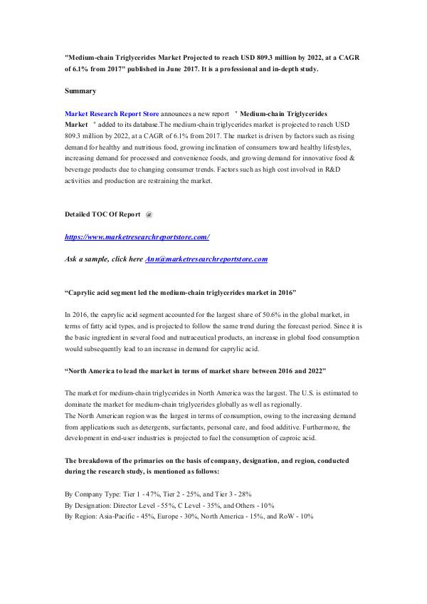 Market Research Report Store  Medium-chain Triglycerides Market Projected to rea