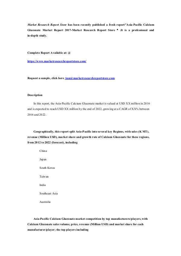 Asia-Pacific Calcium Gluconate Market Report 2017-