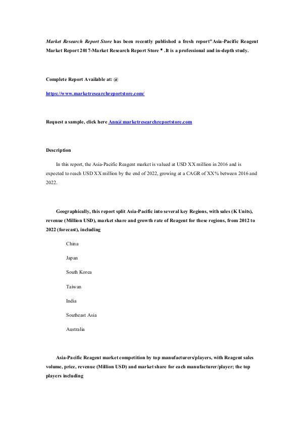 Asia-Pacific Reagent Market Report 2017-Market Res