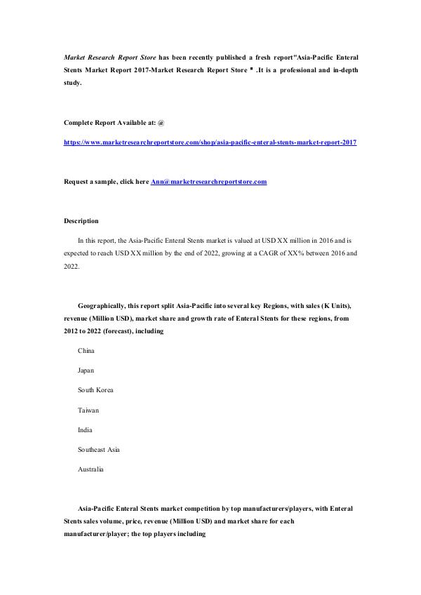 Market Research Report Store  Asia-Pacific Enteral Stents Market Report 2017-Mar