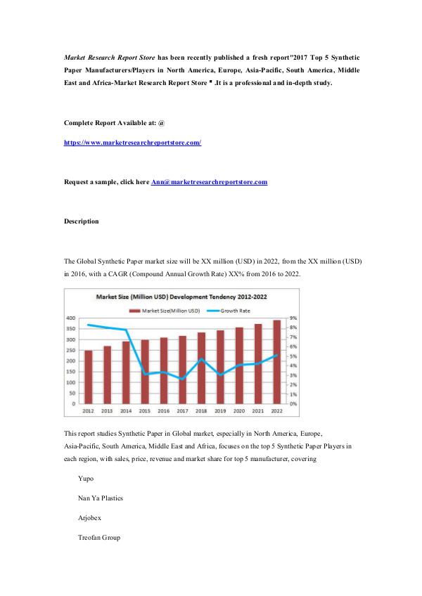 Market Research Report Store  2017 Top 5 Synthetic Paper Manufacturers in North