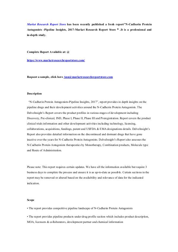 N-Cadherin Protein Antagonists -Pipeline Insights,