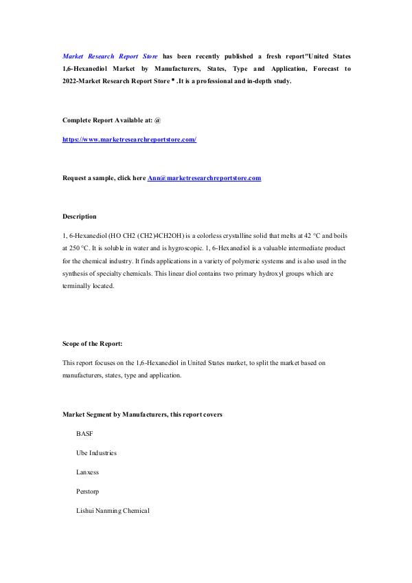 Market Research Report Store  United States 1,6-Hexanediol Market by Manufacture