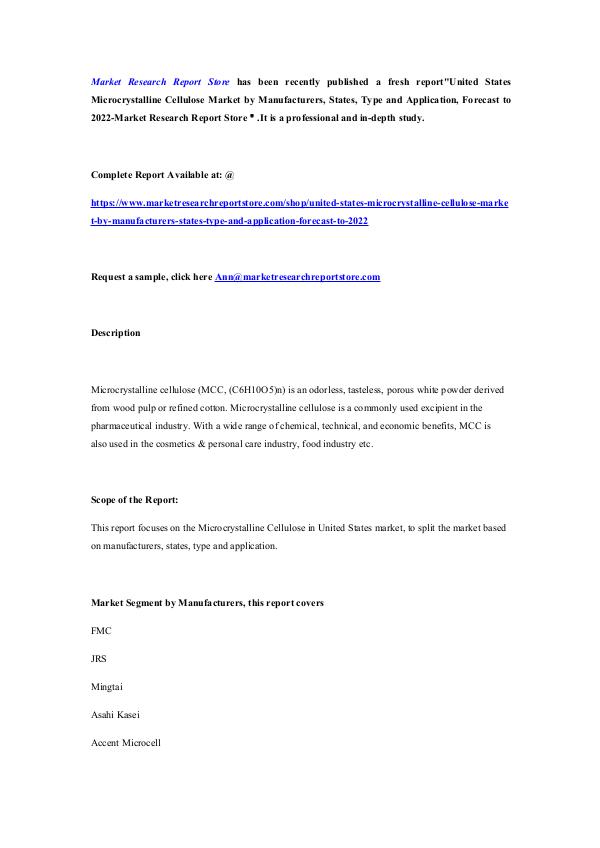 United States Microcrystalline Cellulose Market by