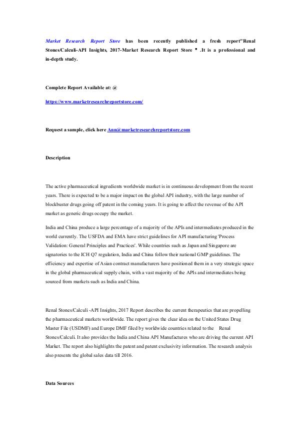 Renal Stones（Calculi）-API Insights, 2017-Market Re