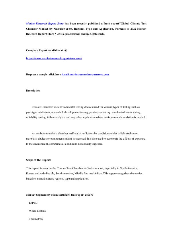 Market Research Report Store  Global Climate Test Chamber Market by Manufacturer