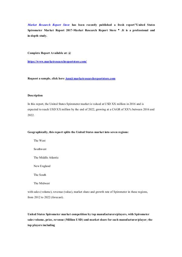 Market Research Report Store  United States Spirometer Market Report 2017-Market