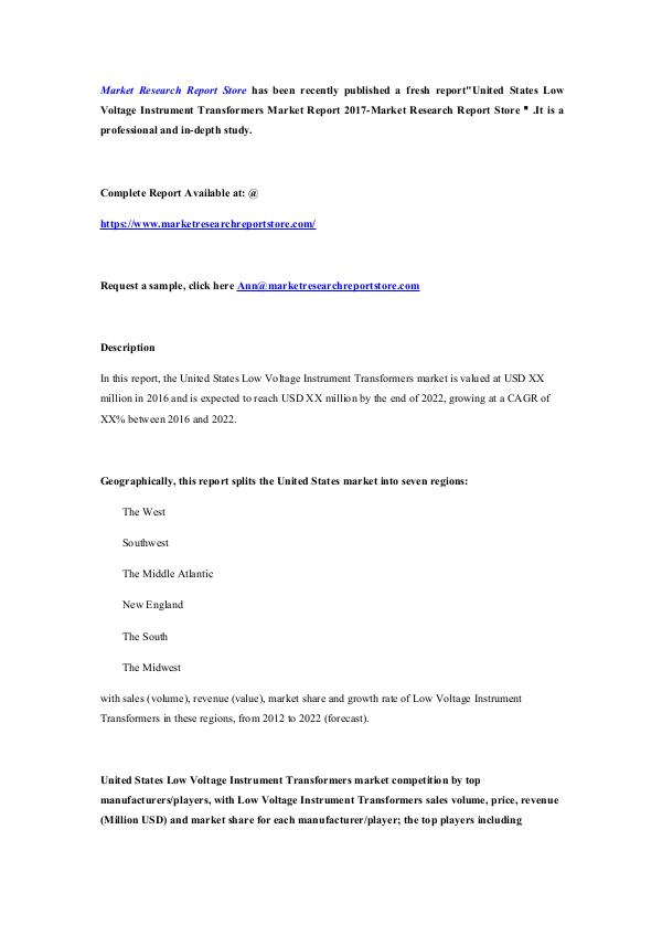 Market Research Report Store  United States Low Voltage Instrument Transformers