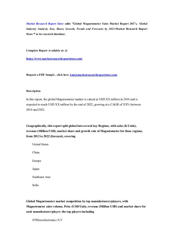 Market Research Report Store  Global Magnetometer Sales Market Report 2017：Globa