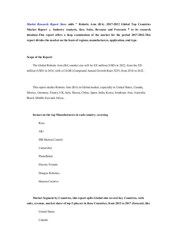 Robotic Arm (RA) - 2017-2022 Global Top Countries 