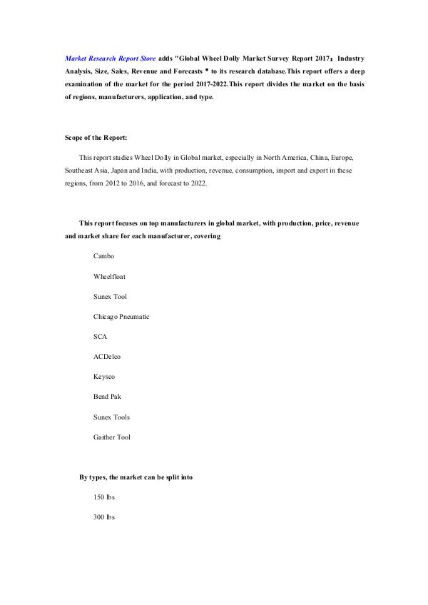 Global Wheel Dolly Market Survey Report 2017