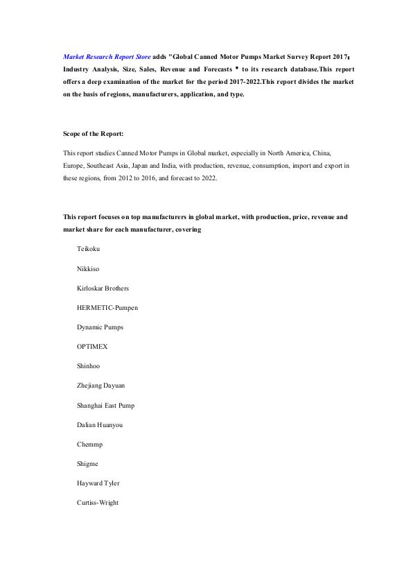 Global Canned Motor Pumps Market Survey Report 201