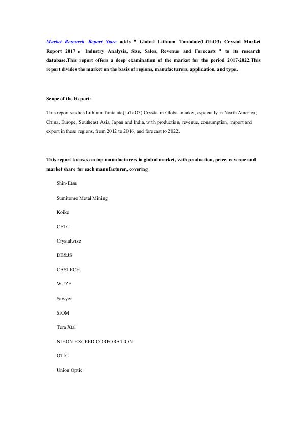 Market Research Report Store  Global Lithium Tantalate(LiTaO3) Crystal Market  R