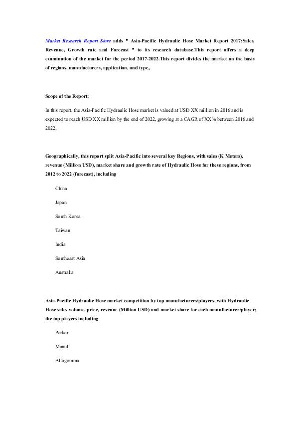 Asia-Pacific Hydraulic Hose Market Report 2017-Sal