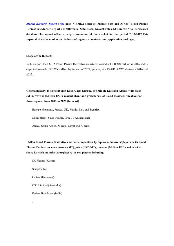 EMEA (Europe, Middle East and Africa) Blood Plasma